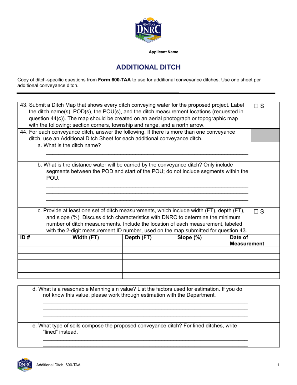 Form 600-TAA Additional Ditch Sheet - Montana, Page 1