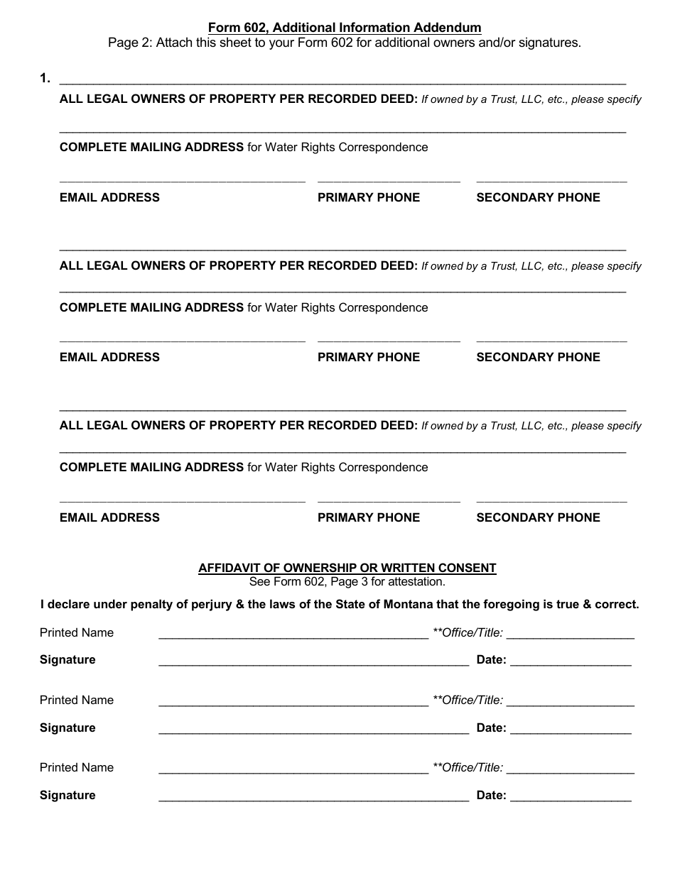 Form 602 Additional Information Addendum - Montana, Page 2