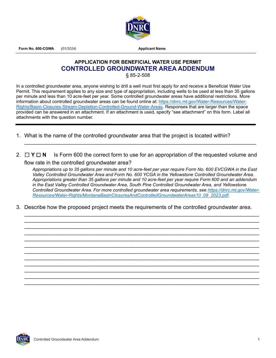 Form 600-CGWA Application for Beneficial Water Use Permit - Controlled Groundwater Area Addendum - Montana, Page 1