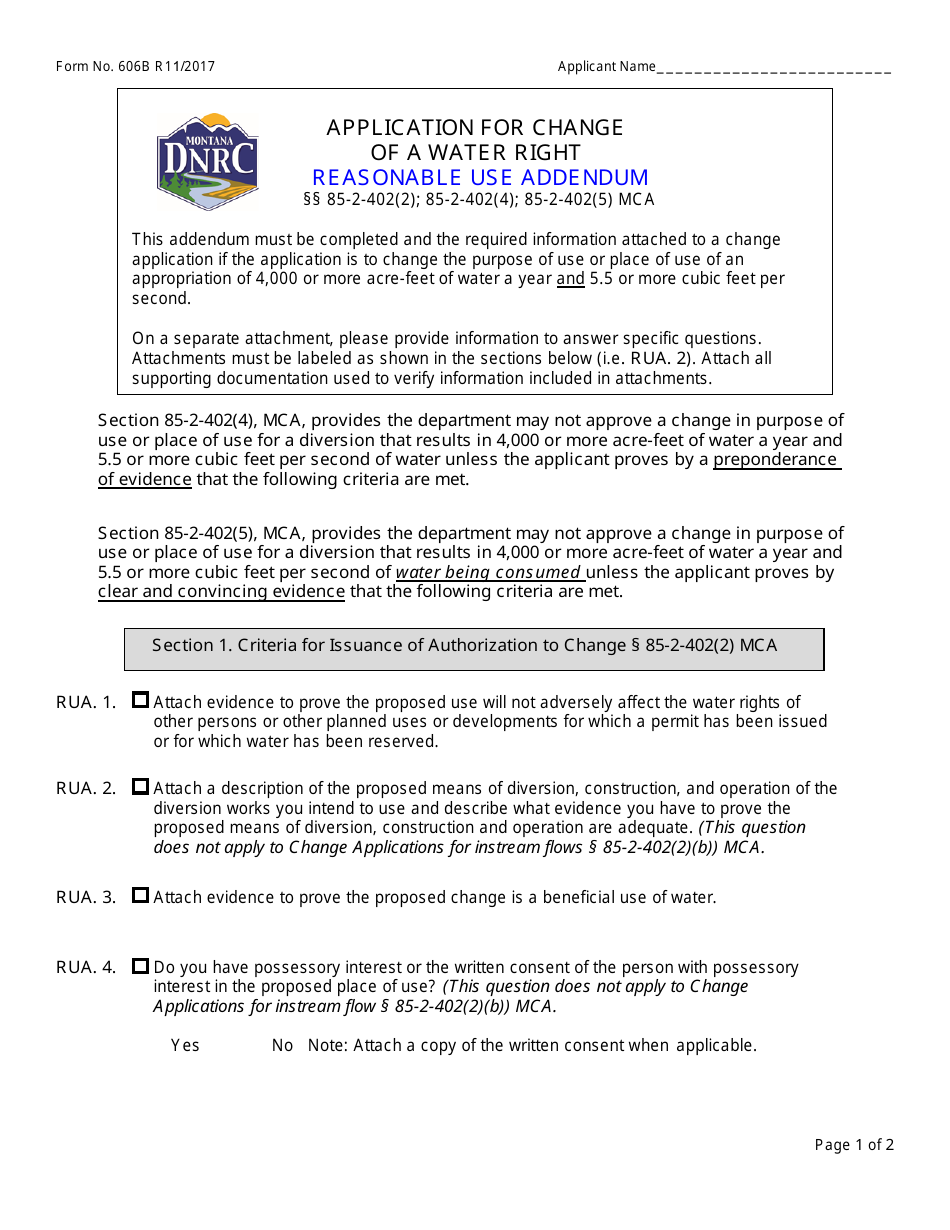 Form 606B Application for Change of a Water Right - Reasonable Use Addendum - Montana, Page 1