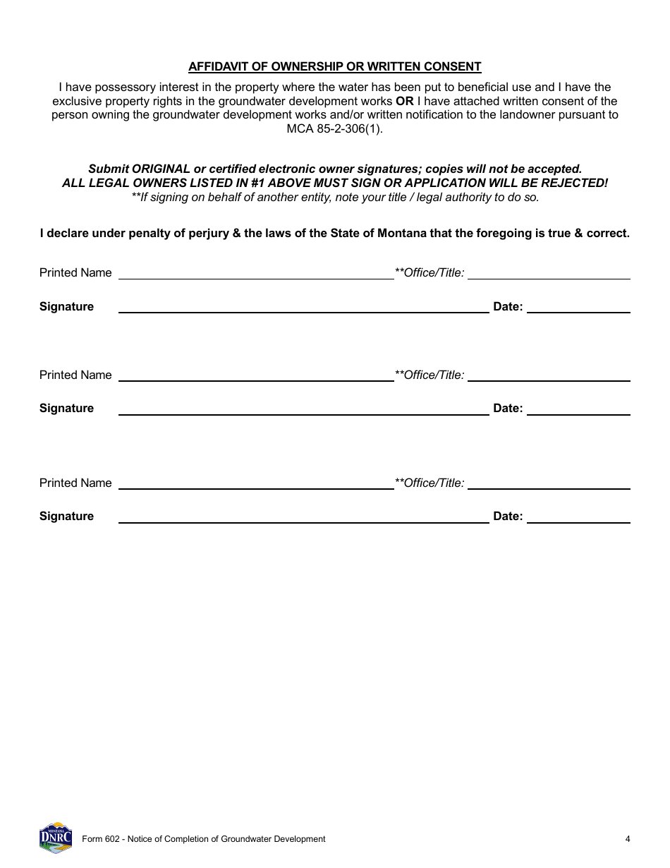 Form 602 Notice of Completion of Groundwater Development - Montana, Page 4