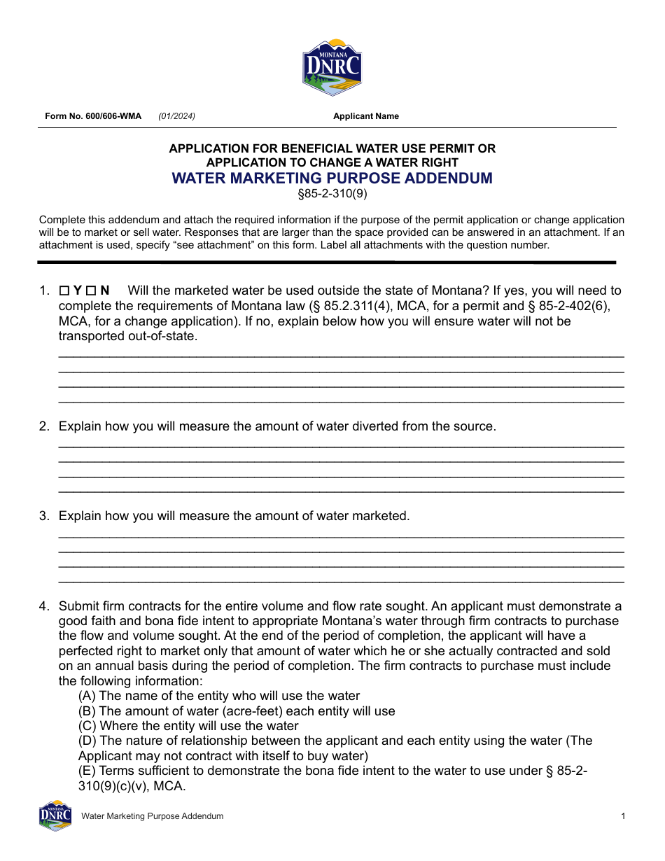 Form 600 / 606-WMA Water Marketing Purpose Addendum - Montana, Page 1