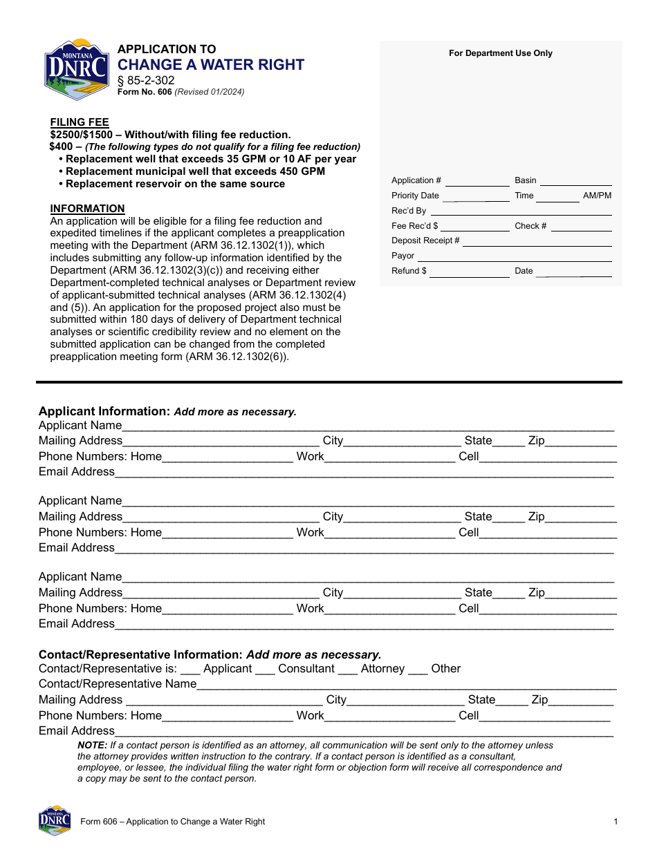 Form 606 Application to Change a Water Right - Montana, Page 1