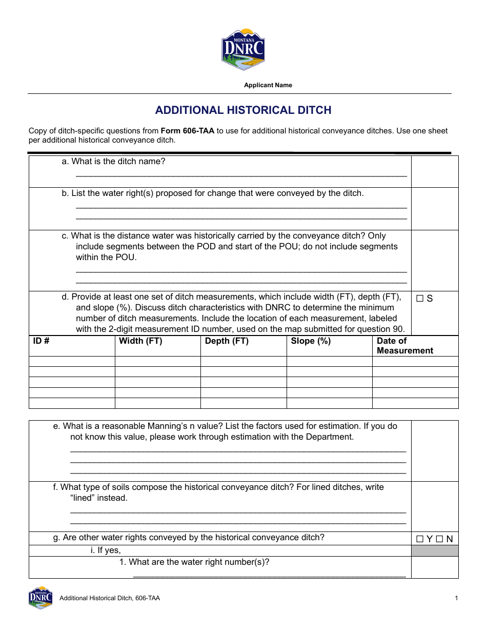 Form 606-TAA Additional Historical Ditch - Montana, Page 1