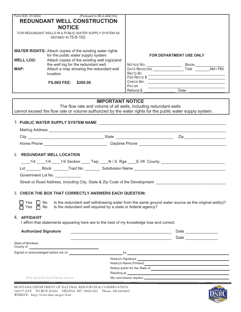 Form 635 Redundant Well Construction Notice - Montana