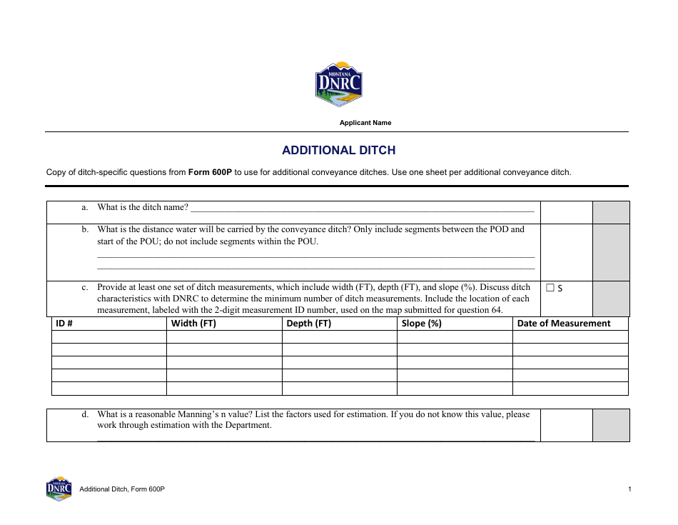 Form 600P Additional Ditch - Montana, Page 1