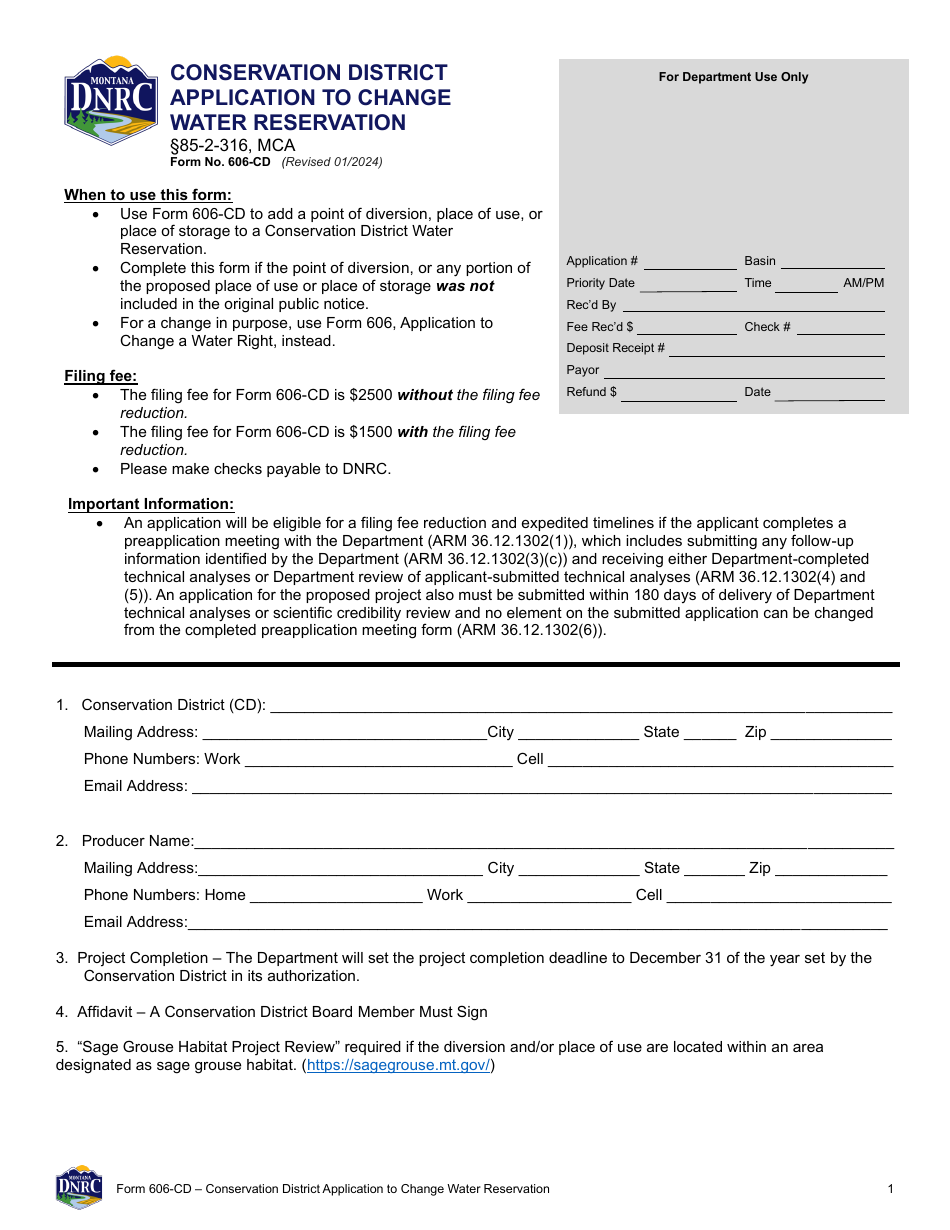 Form 606-CD Conservation District Application to Change Water Reservation - Montana, Page 1