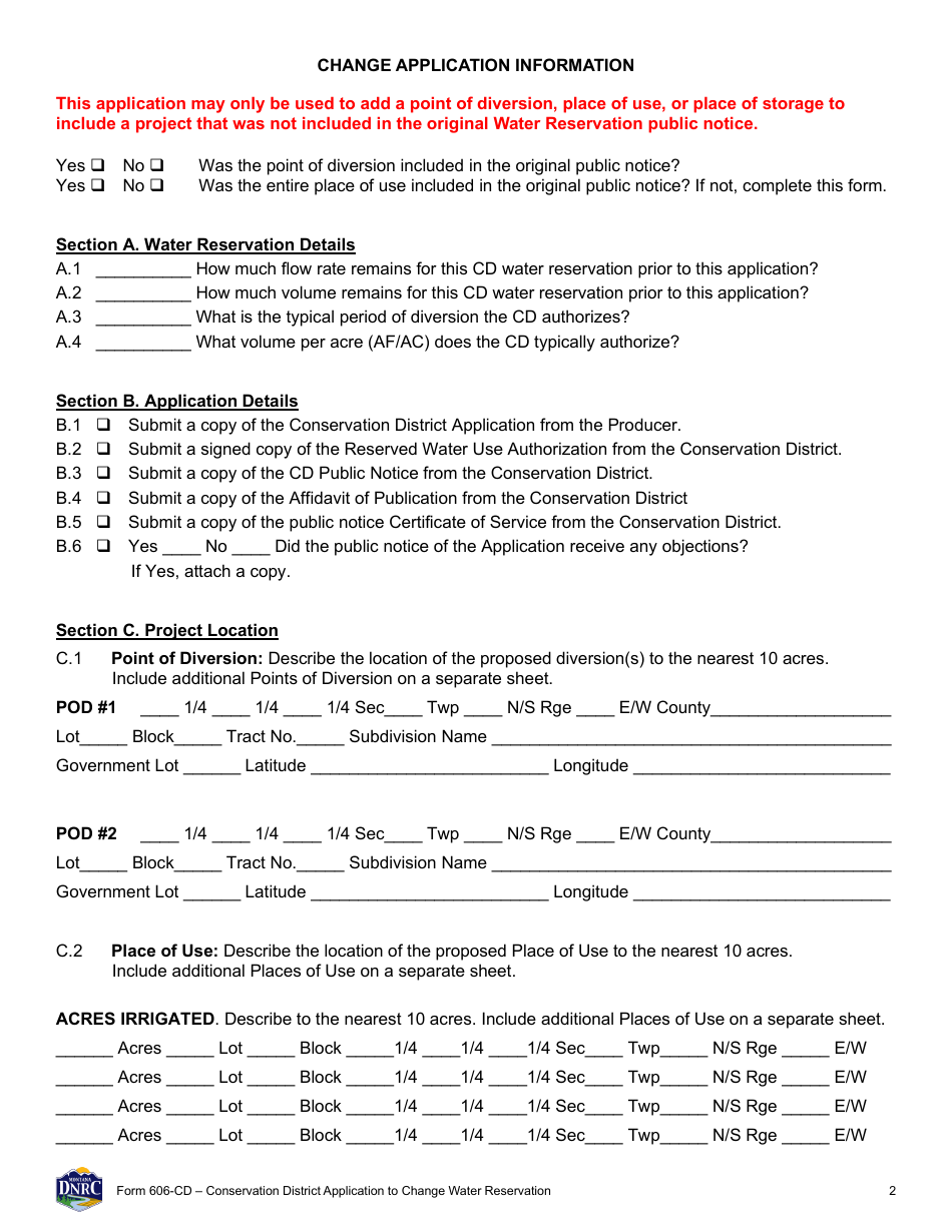 Form 606-CD Conservation District Application to Change Water Reservation - Montana, Page 2