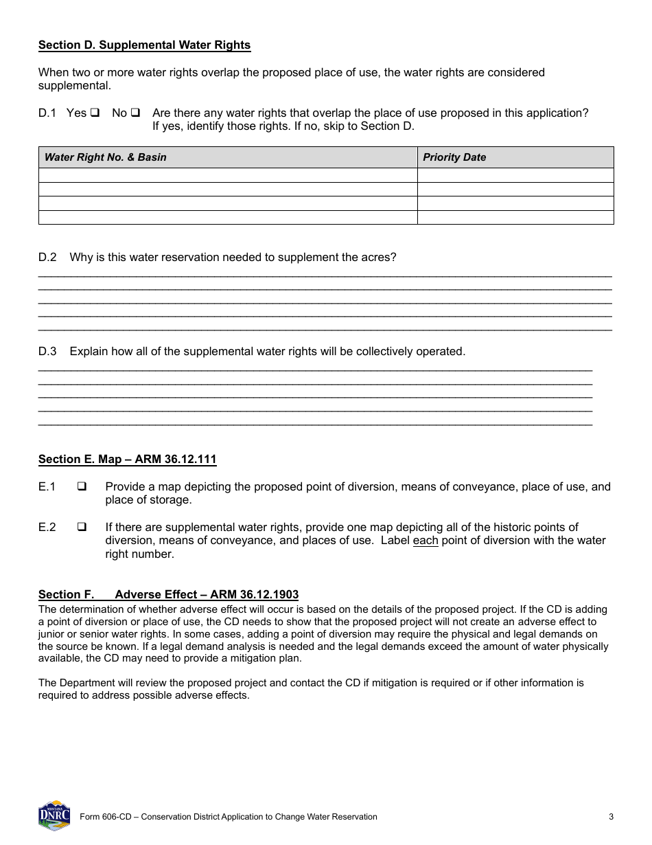 Form 606-CD Conservation District Application to Change Water Reservation - Montana, Page 3