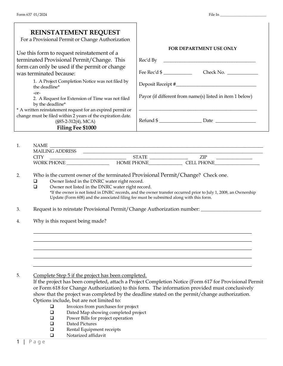 Form 637 Reinstatement Request for a Provisional Permit or Change Authorization - Montana, Page 1