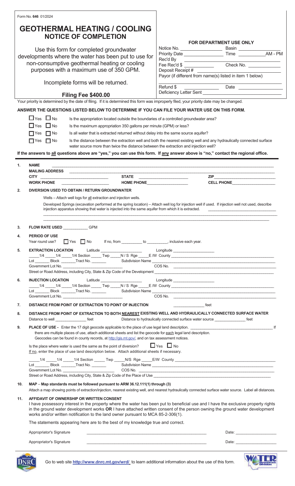 Form 646 Geothermal Heating / Cooling Notice of Completion - Montana, Page 1
