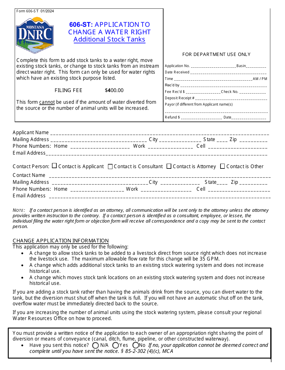 Form 606-ST Application to Change a Water Right - Additional Stock Tanks - Montana, Page 1