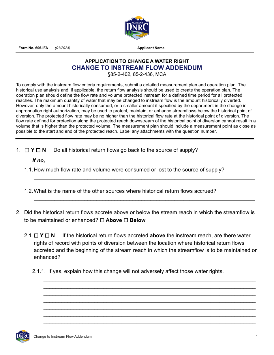 Form 606-IFA Application to Change a Water Right - Change to Instream Flow Addendum - Montana, Page 1