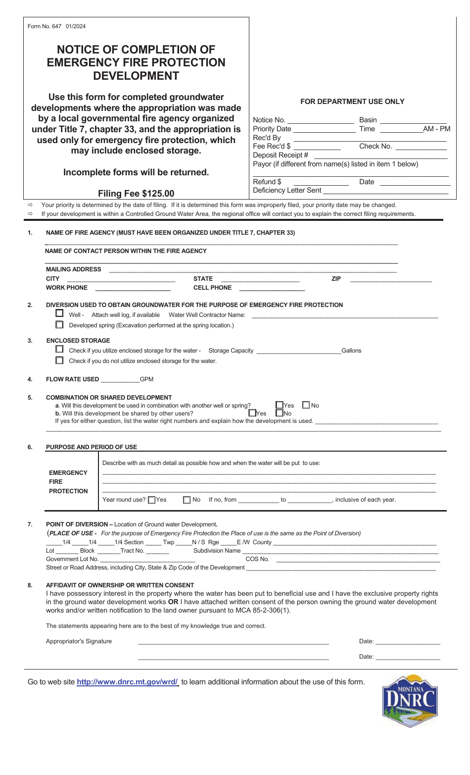 Form 647 Notice of Completion of Emergency Fire Protection Development - Montana, Page 1