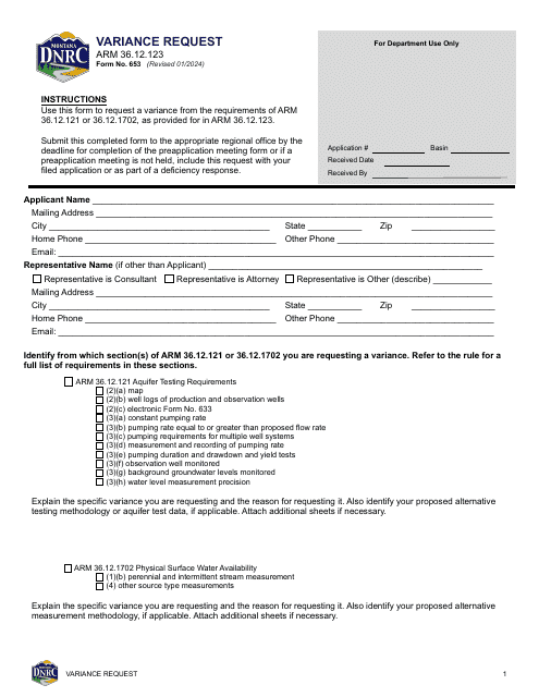 Form 653 Variance Request - Montana