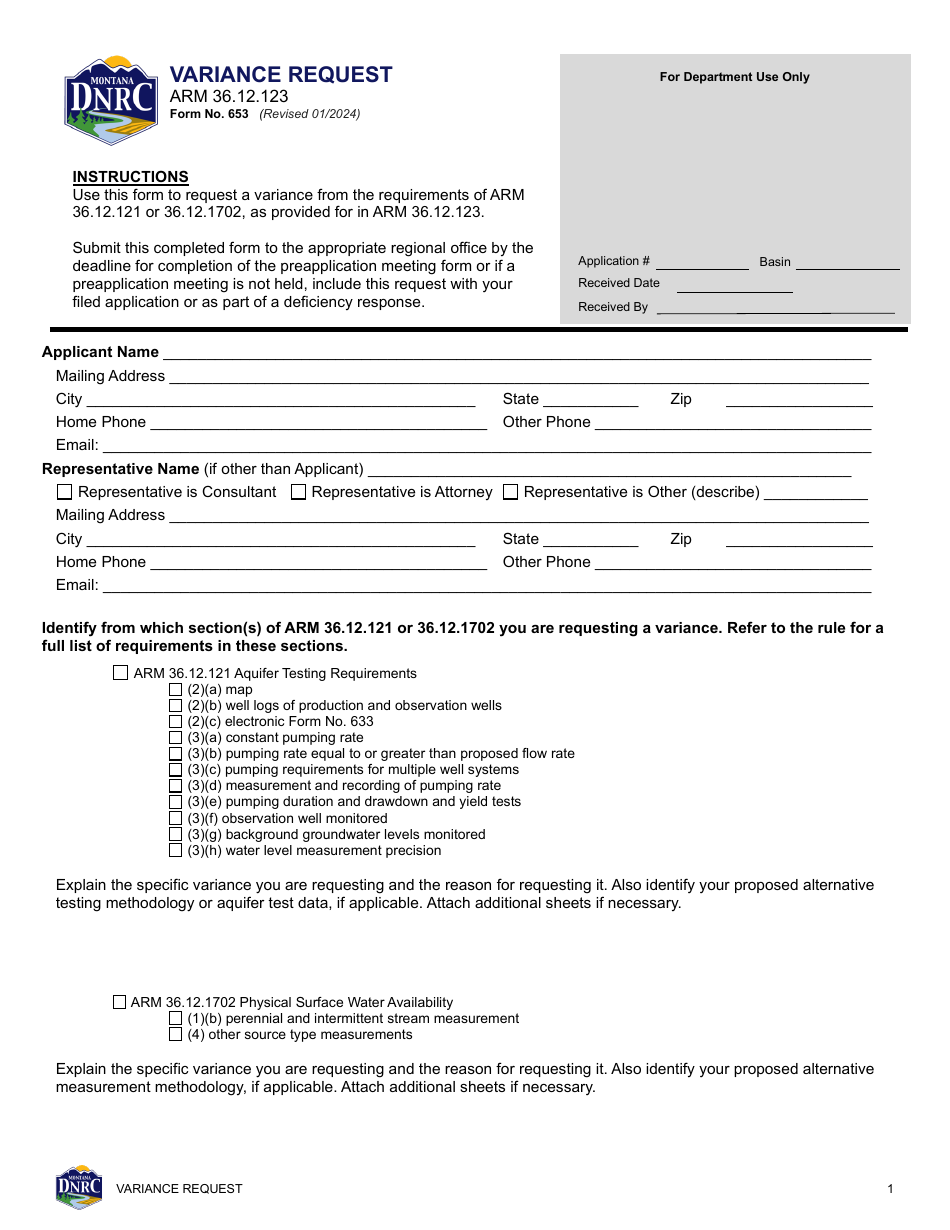 Form 653 Variance Request - Montana, Page 1