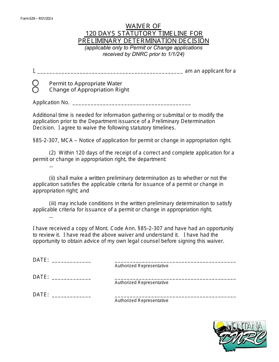 Form 639 Download Fillable PDF or Fill Online Waiver of 120 Days