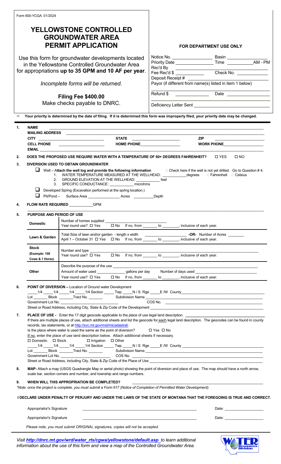 Form 600-YCGA Yellowstone Controlled Groundwater Area Permit Application - Montana, Page 1