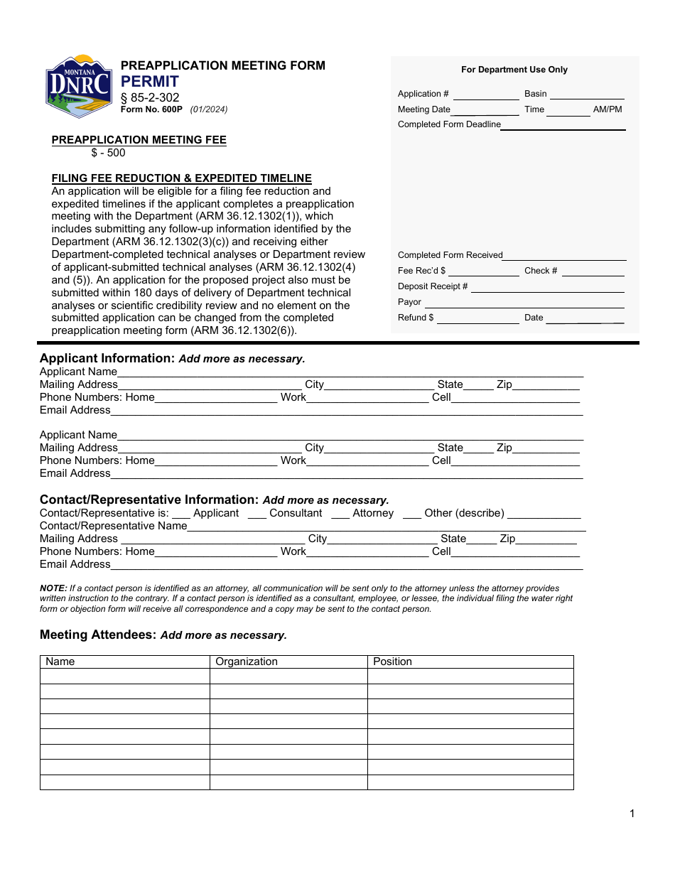 Form 600P Preapplication Meeting Form - Montana, Page 1