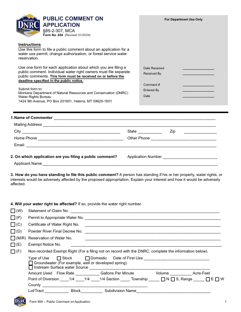 Form 654 Public Comment on Application - Montana