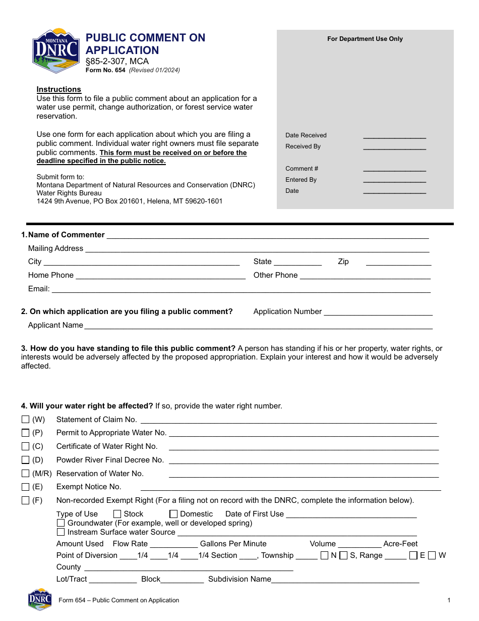 Form 654 Public Comment on Application - Montana, Page 1