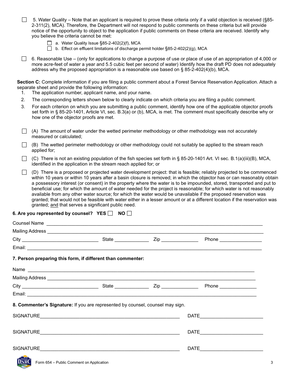 Form 654 Public Comment on Application - Montana, Page 3