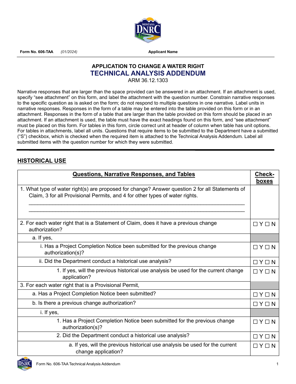 Form 606-TAA Application to Change a Water Right Technical Analysis Addendum - Montana, Page 1