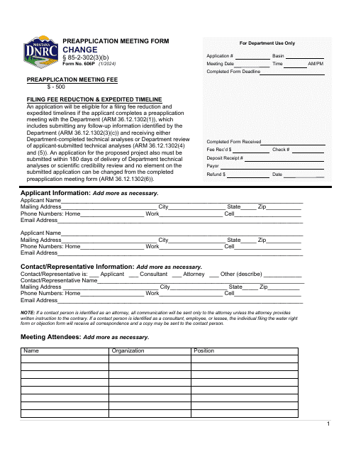Form 606P Preapplication Meeting Form - Water Right Change - Montana