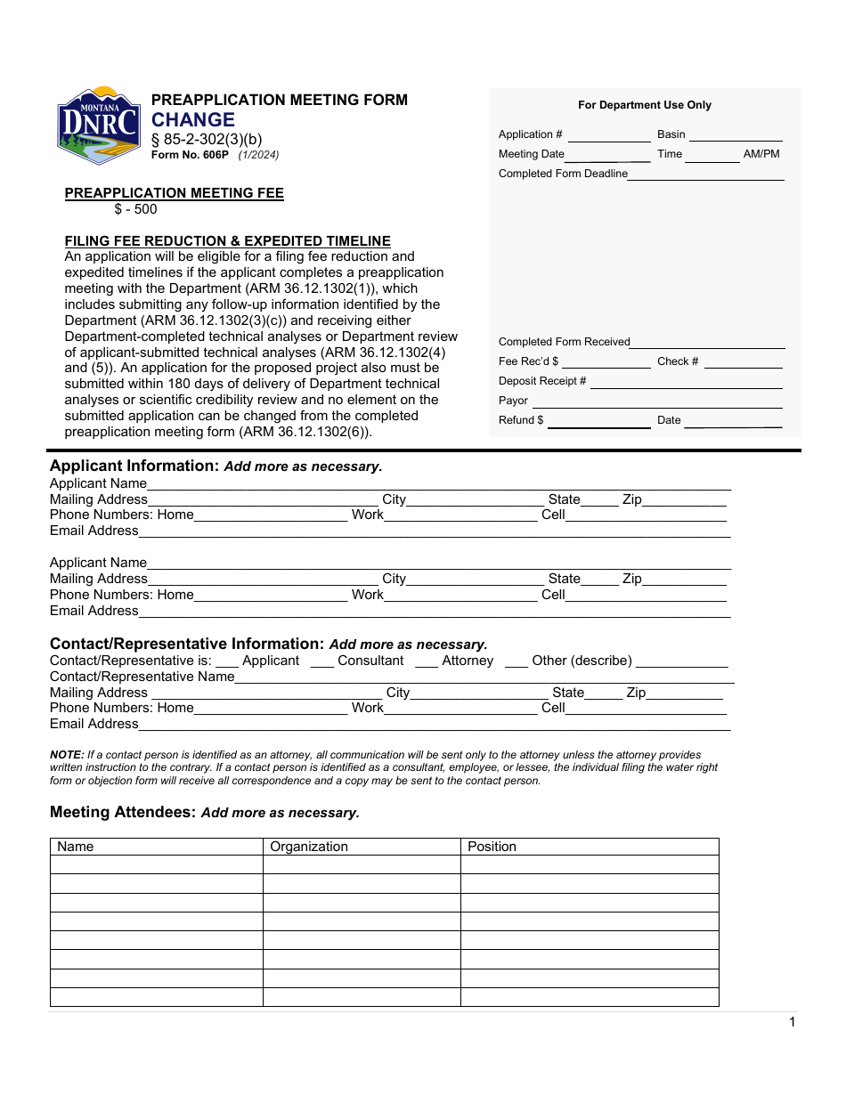 Form 606P Preapplication Meeting Form - Water Right Change - Montana, Page 1