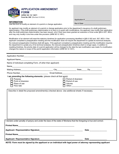 Form 655 Application Amendment Form - Montana