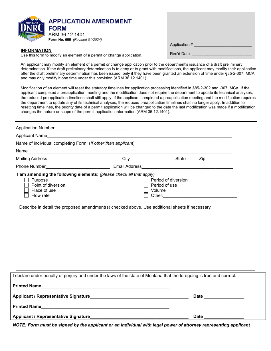 Form 655 Application Amendment Form - Montana, Page 1