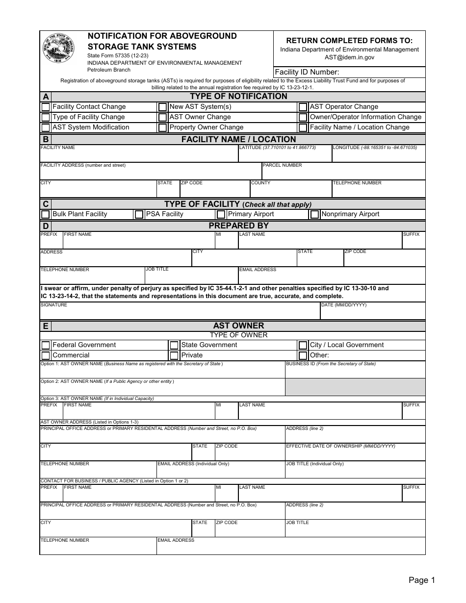 State Form 57335 Notification for Aboveground Storage Tank Systems - Indiana, Page 1