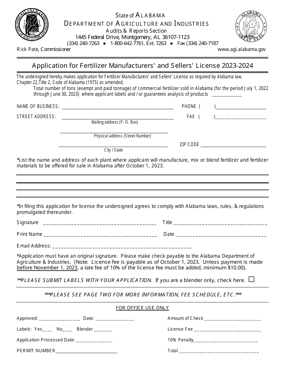 Application for Fertilizer Manufacturers and Sellers License - Alabama, Page 1