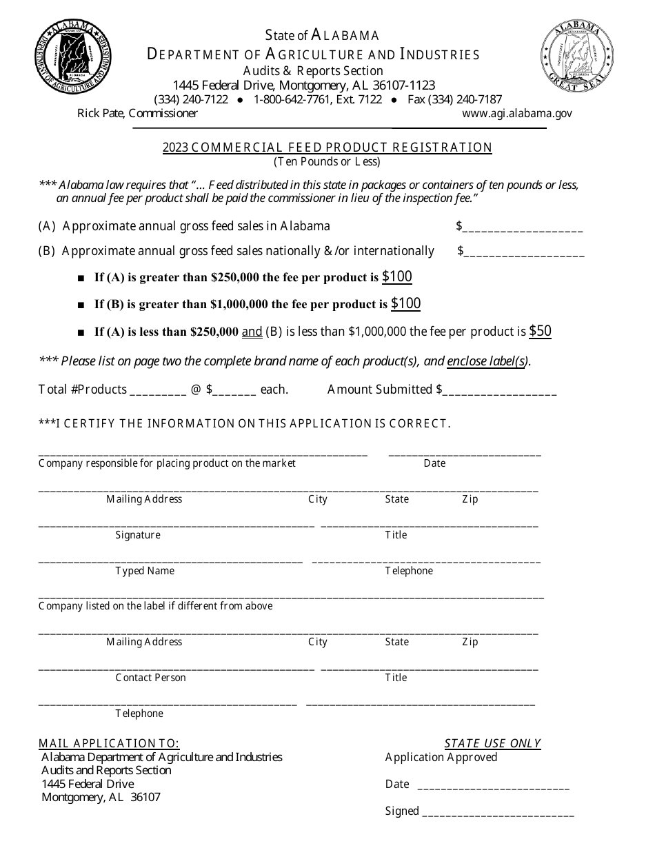 Commercial Feed Product Registration (Ten Pounds or Less) - Alabama, Page 1