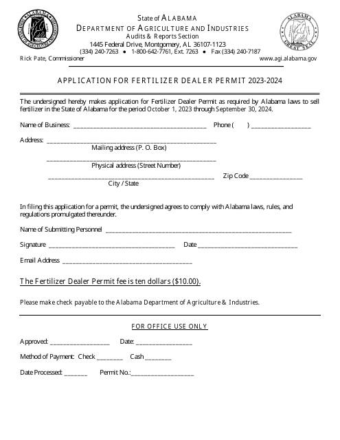 Application for Fertilizer Dealer Permit - Alabama, 2024