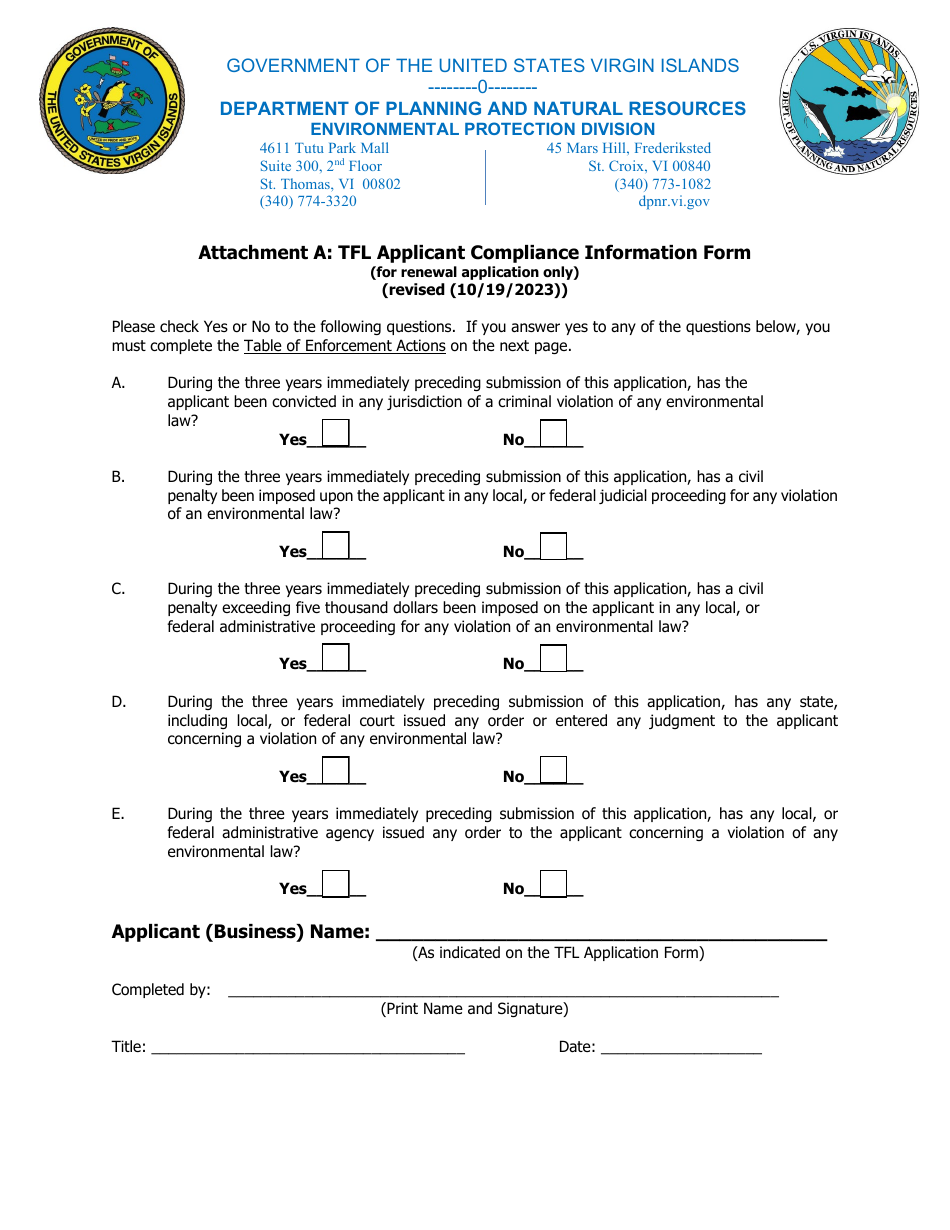 Attachment A Tfl Applicant Compliance Information Form - Virgin Islands, Page 1