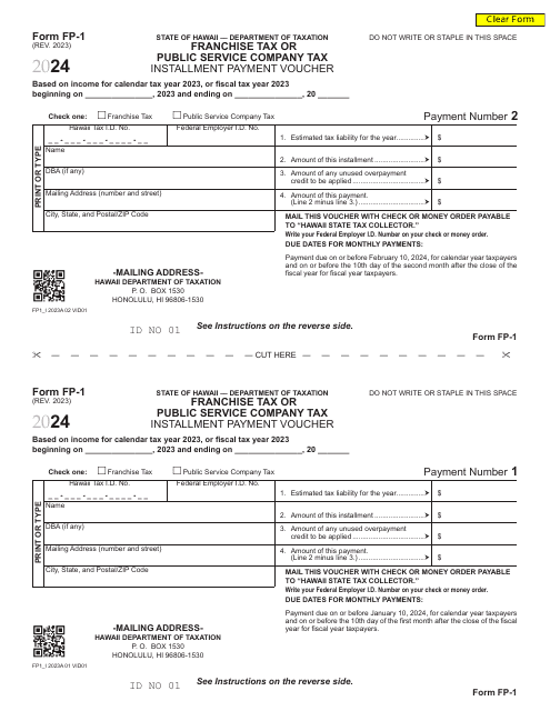 Form FP-1 Franchise Tax or Public Service Company Tax Installment Payment Voucher - Hawaii, 2024