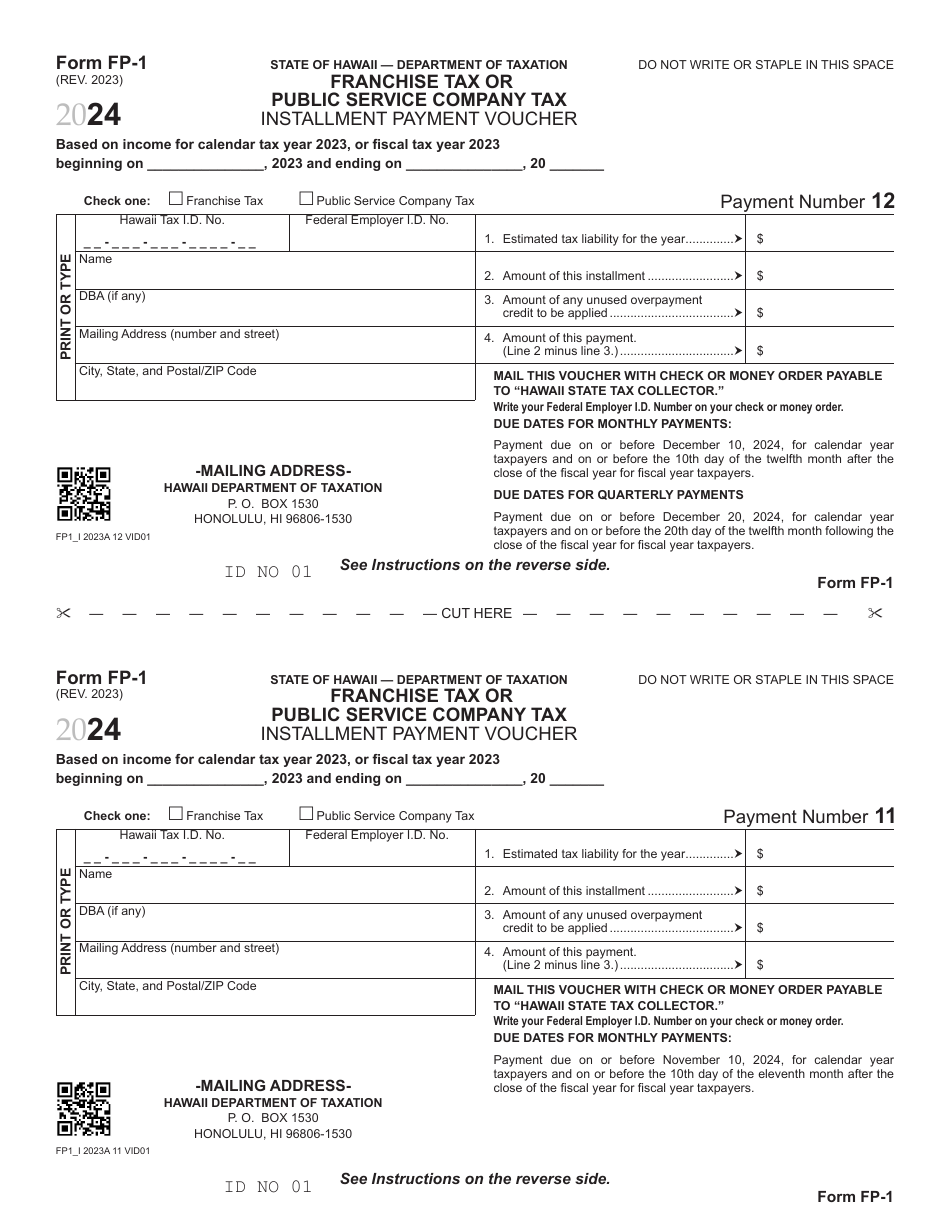 Form FP-1 Franchise Tax or Public Service Company Tax Installment Payment Voucher - Hawaii, Page 11