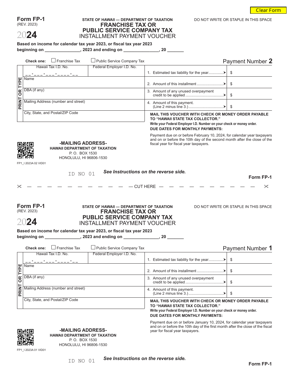 Form FP-1 Franchise Tax or Public Service Company Tax Installment Payment Voucher - Hawaii, Page 1