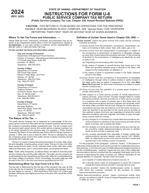 Instructions for Form U-6 Public Service Company Tax Return - Hawaii, 2024