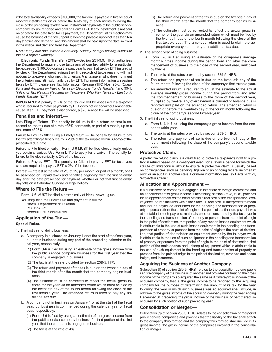 Instructions for Form U-6 Public Service Company Tax Return - Hawaii, Page 3