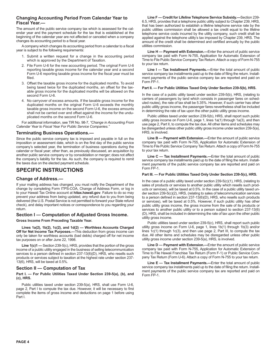 Instructions for Form U-6 Public Service Company Tax Return - Hawaii, Page 4