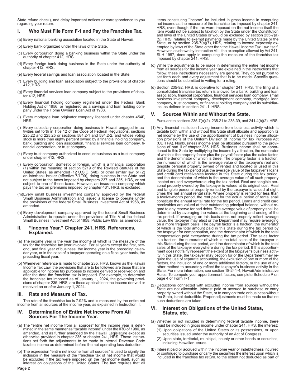Instructions for Form F-1 Franchise Tax Return - Hawaii, Page 2