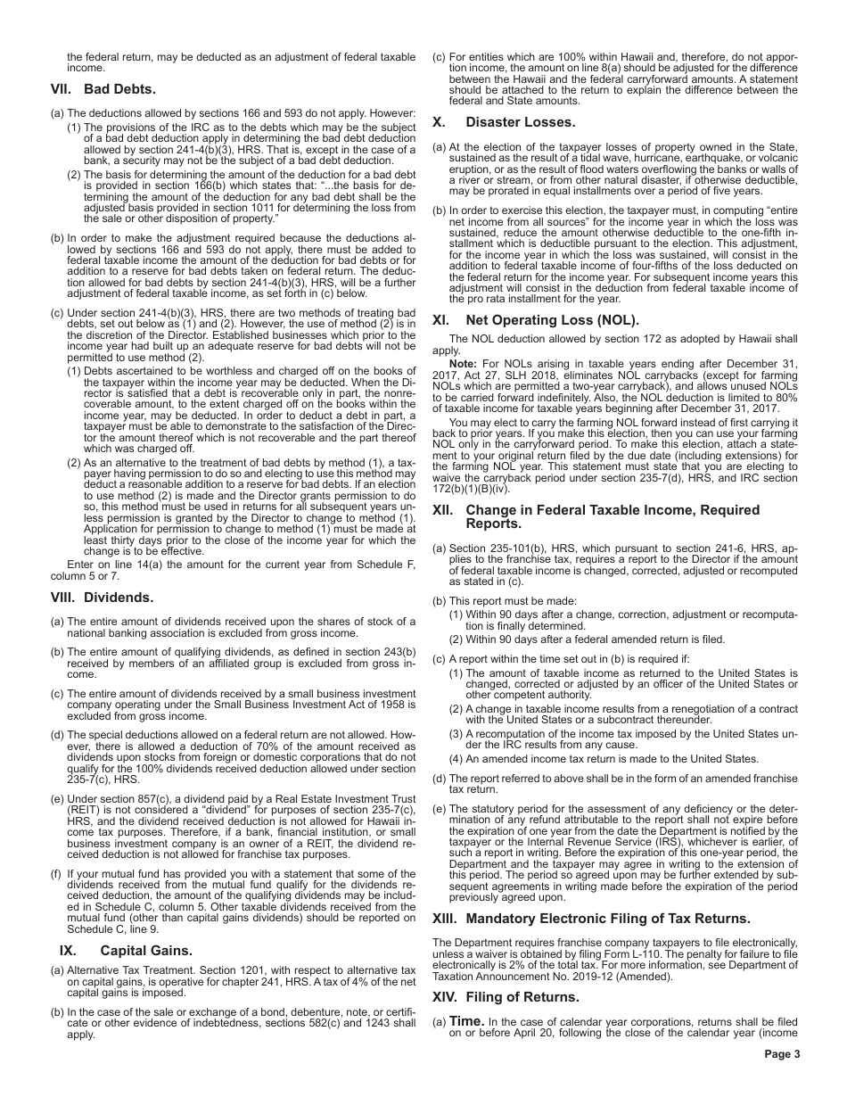 Instructions for Form F-1 Franchise Tax Return - Hawaii, Page 3