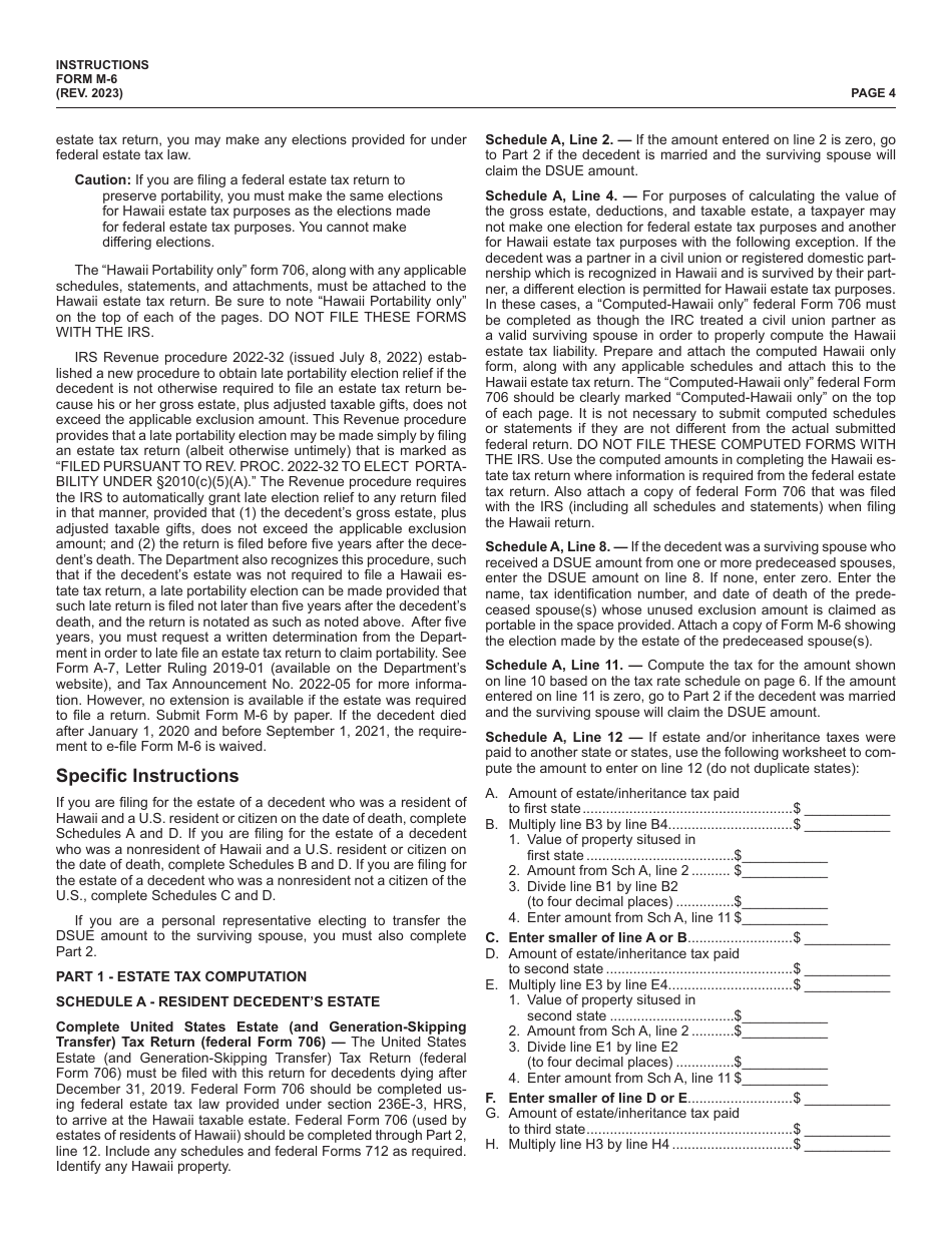 Instructions for Form M-6 Hawaii Estate Tax Return - Hawaii, Page 4