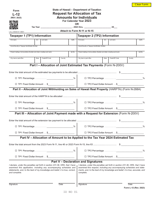 Form L-12 Request for Allocation of Tax Amounts for Individuals - Hawaii, 2023