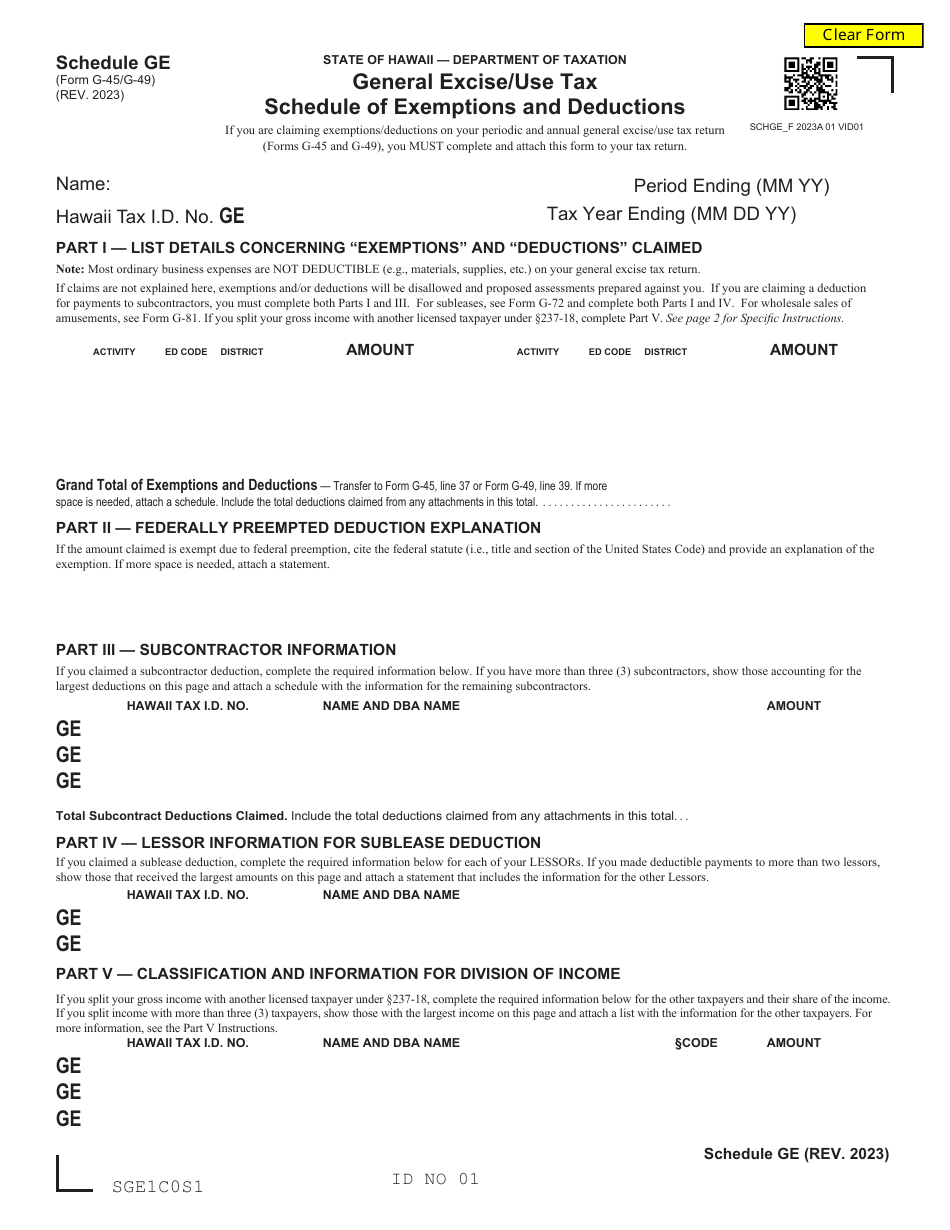 Form G-45 (G-49) Schedule GE General Excise / Use Tax Schedule of Exemptions and Deductions - Hawaii, Page 1