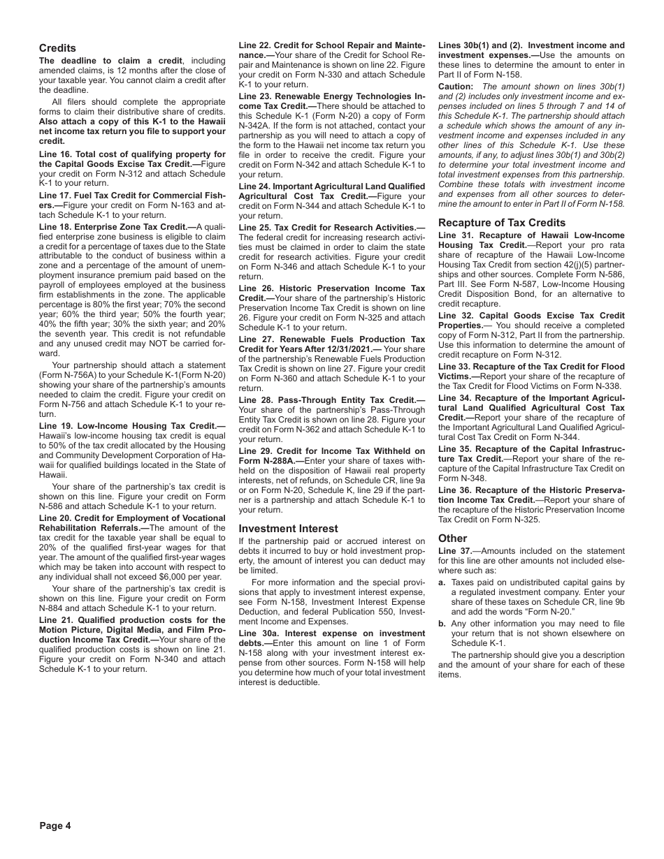 Instructions for Form N-20 Schedule K-1 Partners Share of Income, Credits, Deductions, Etc. - Hawaii, Page 4
