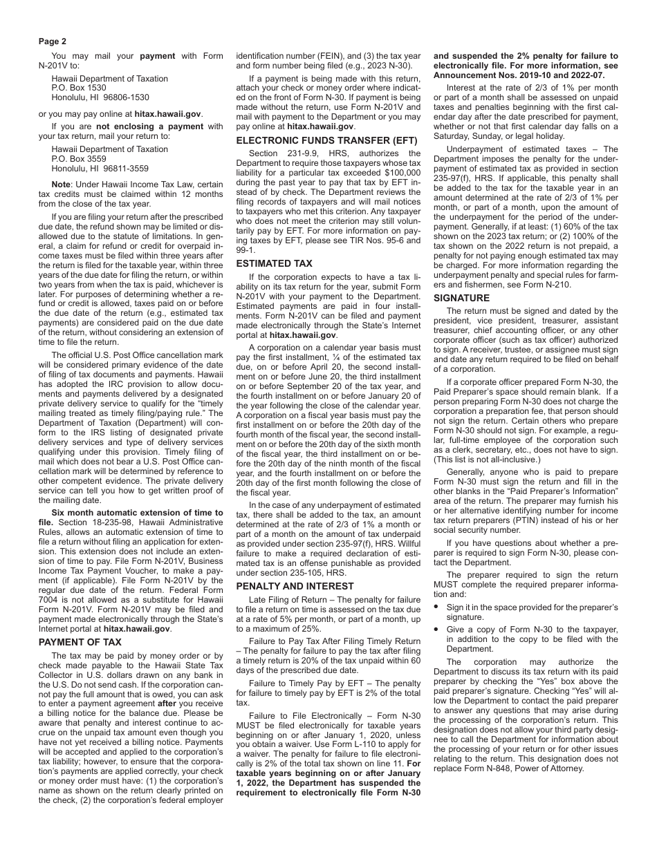 Instructions for Form N-30 Corporation Income Tax Return - Hawaii, Page 2
