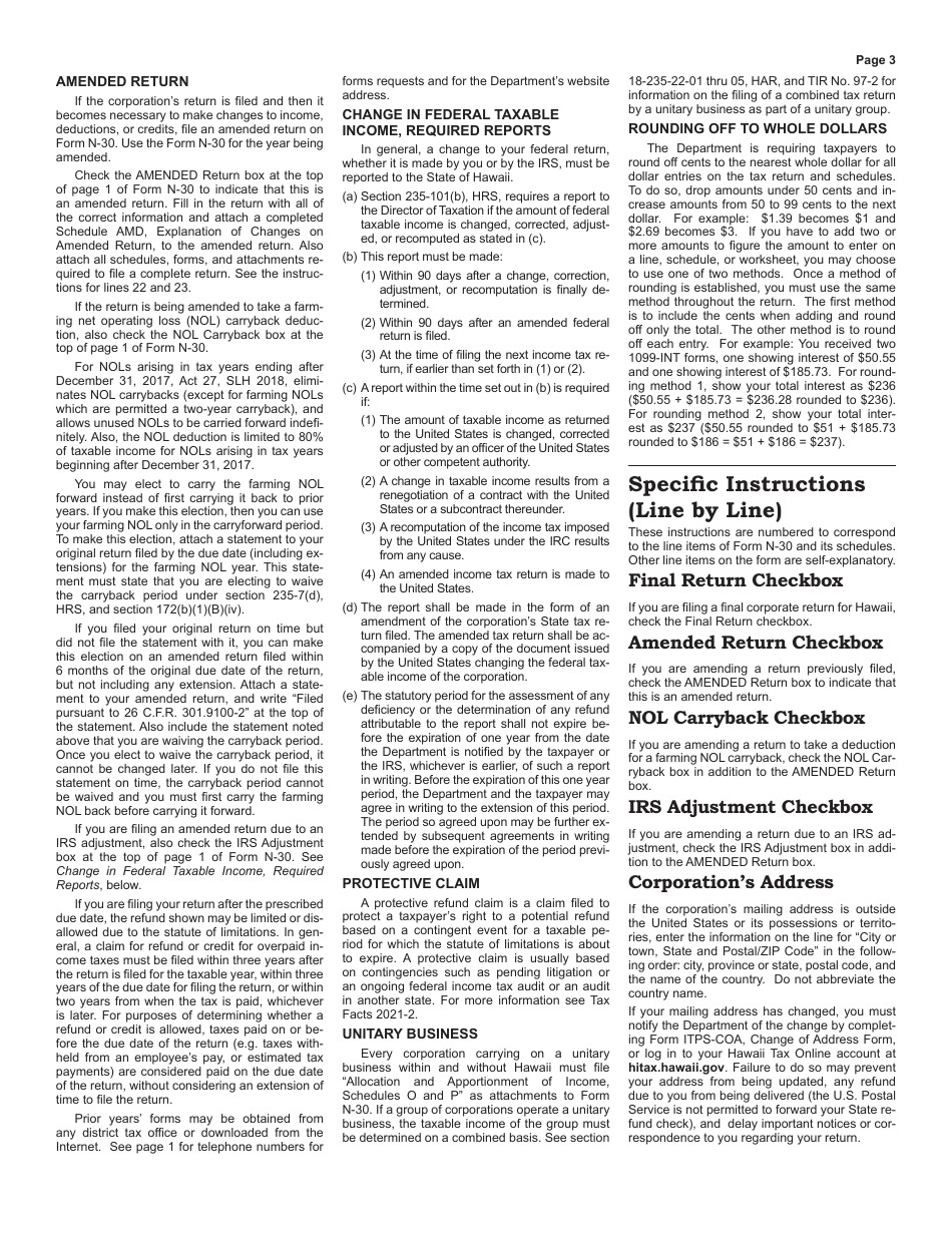 Instructions for Form N-30 Corporation Income Tax Return - Hawaii, Page 3